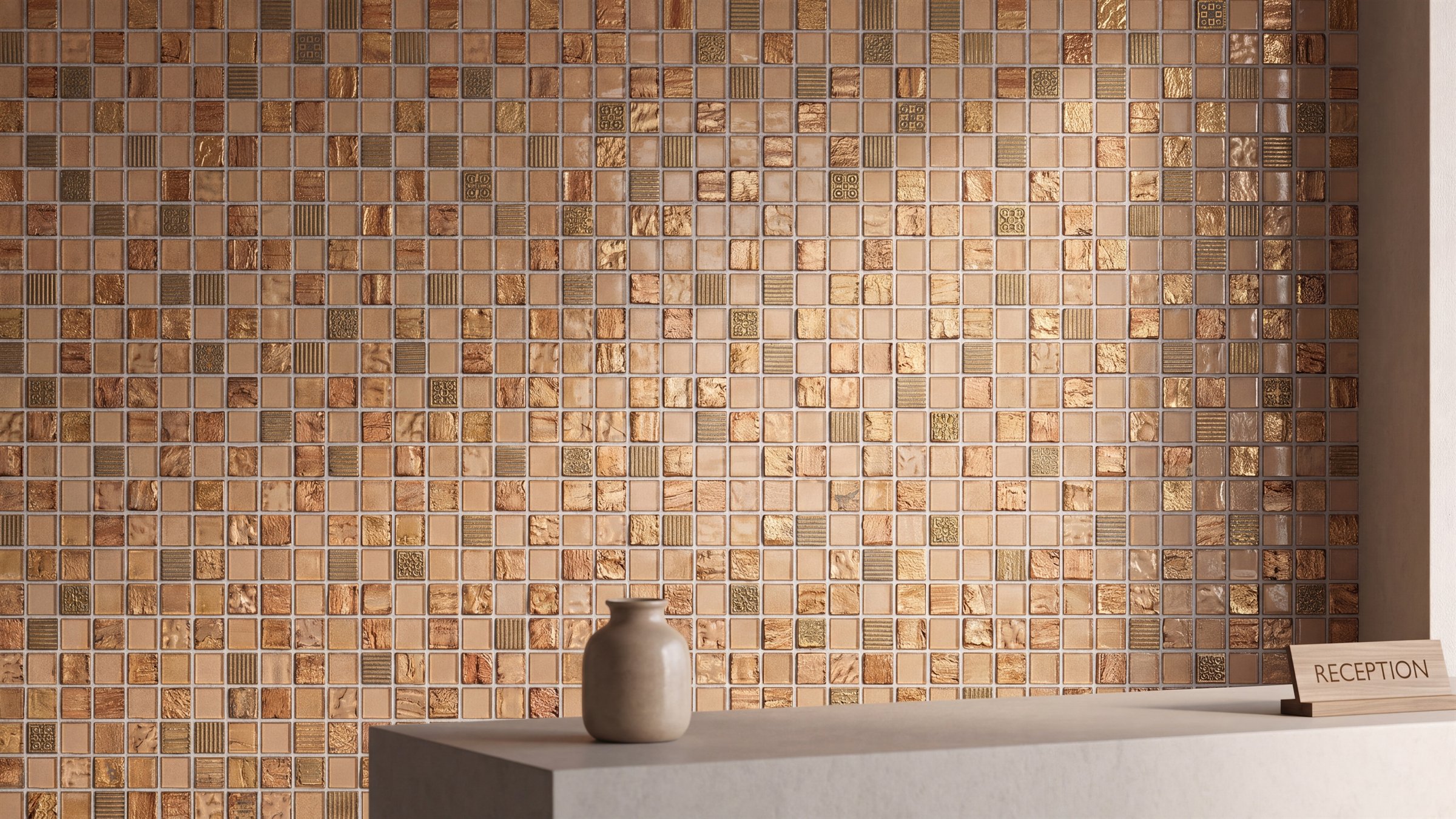 Mosaïque aux nuances minérales dans un espace d’accueil