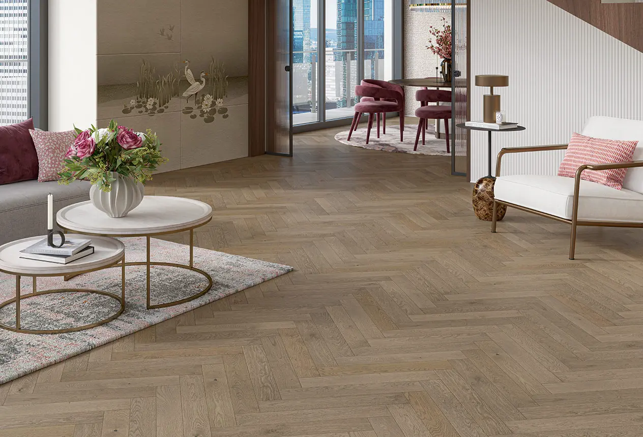 Parquet en bâton rompu dans un séjour contemporain