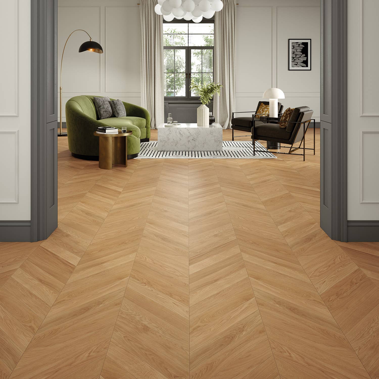 Parquet en point de Hongrie dans un séjour aux lignes classiques