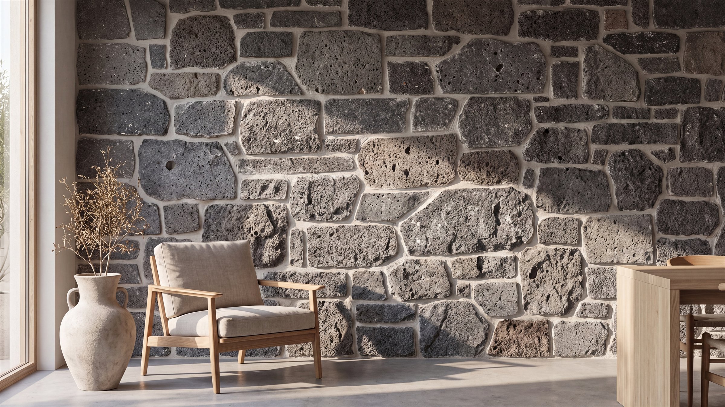 Mur en pierre sombre dans une architecture intérieure