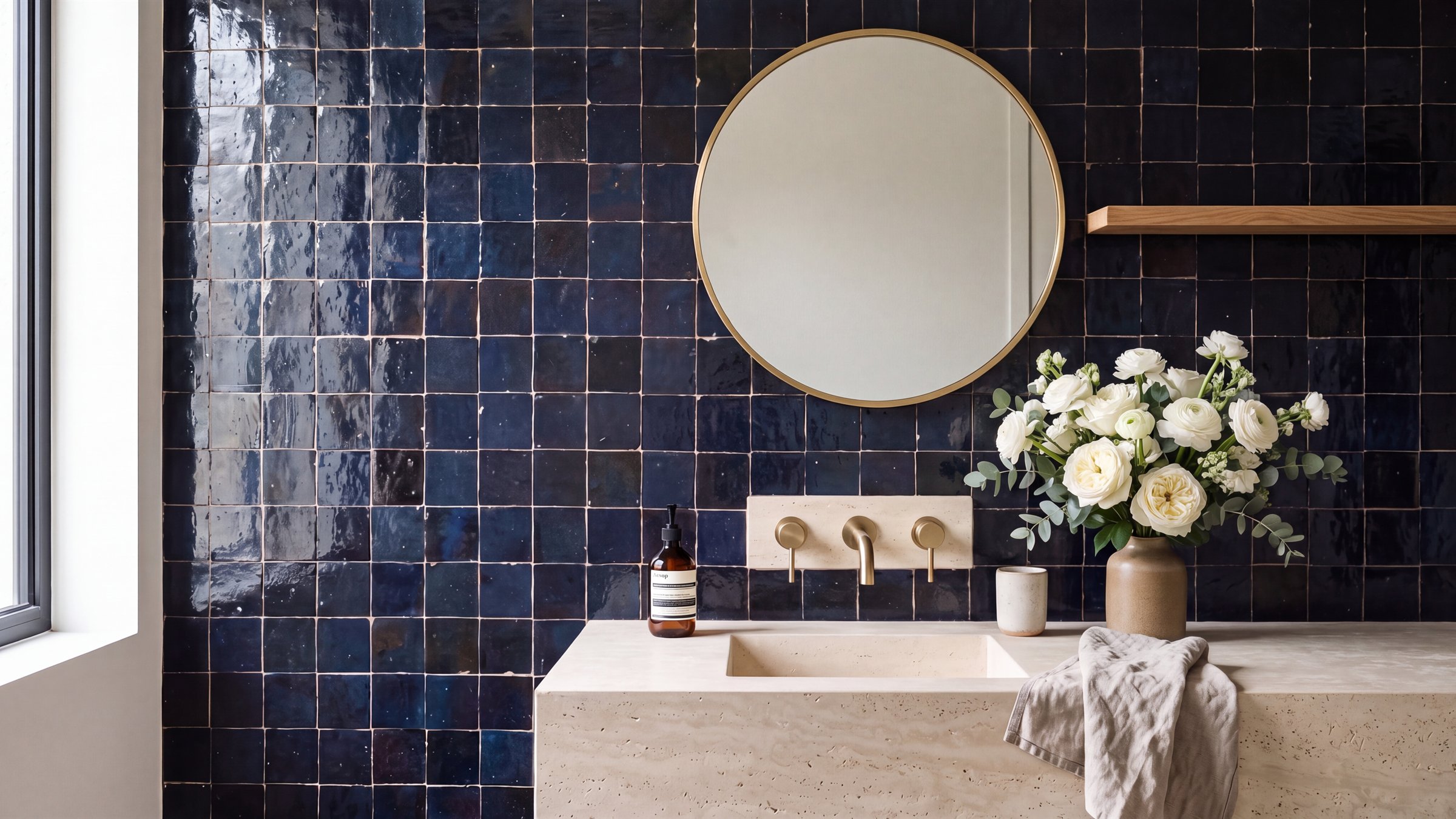 Zellige bleu profond dans une salle de bains